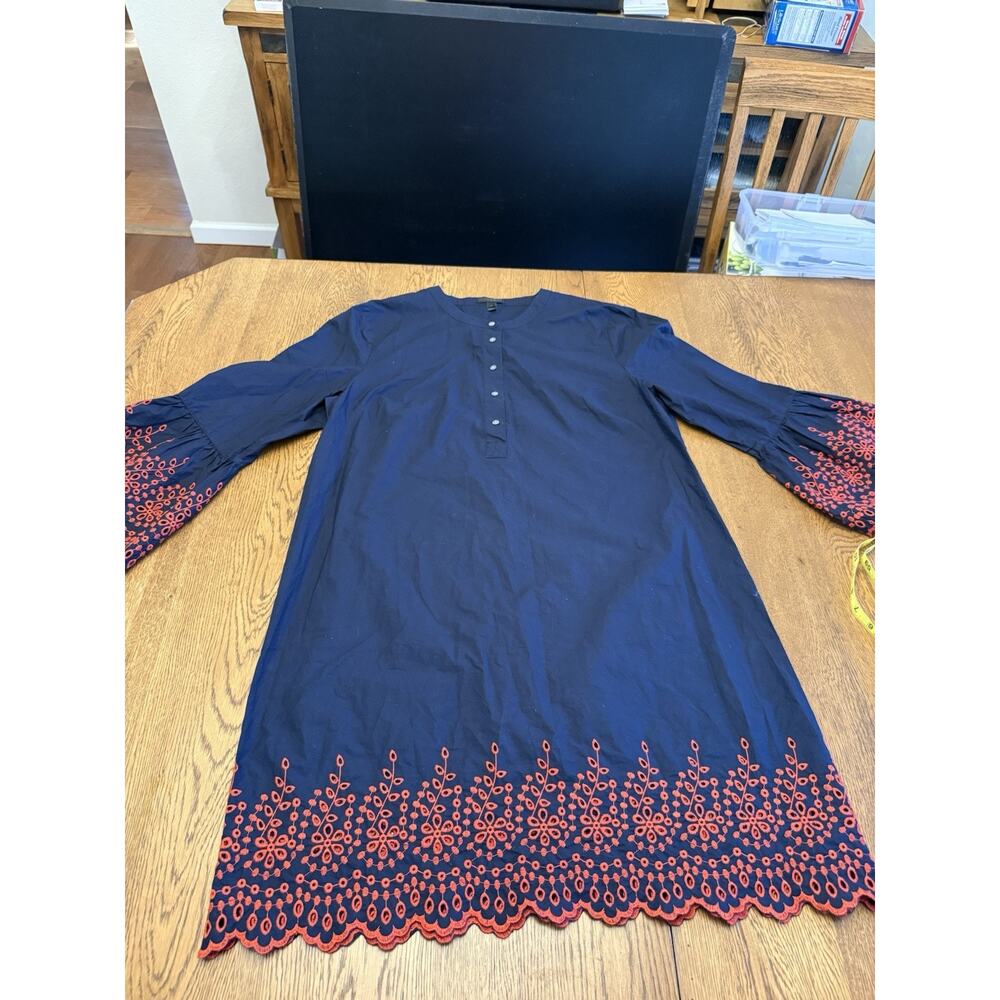 J.CREW Shift Dress Embroidered Navy Red Bell Sleeve Long Sleeve L Women